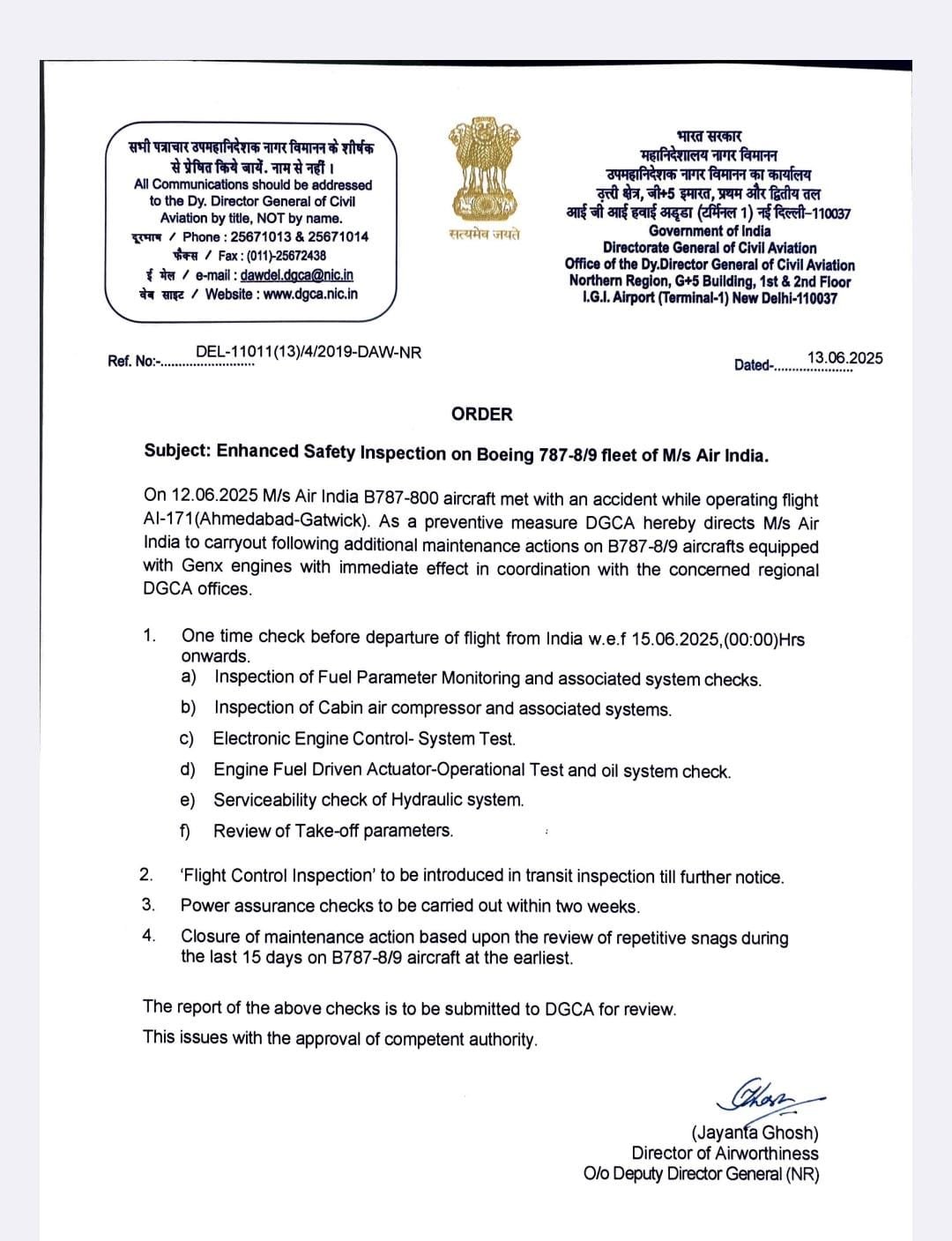 DGCA orders enhanced safety inspection on Boeing 787-8/9 fleet of Air India