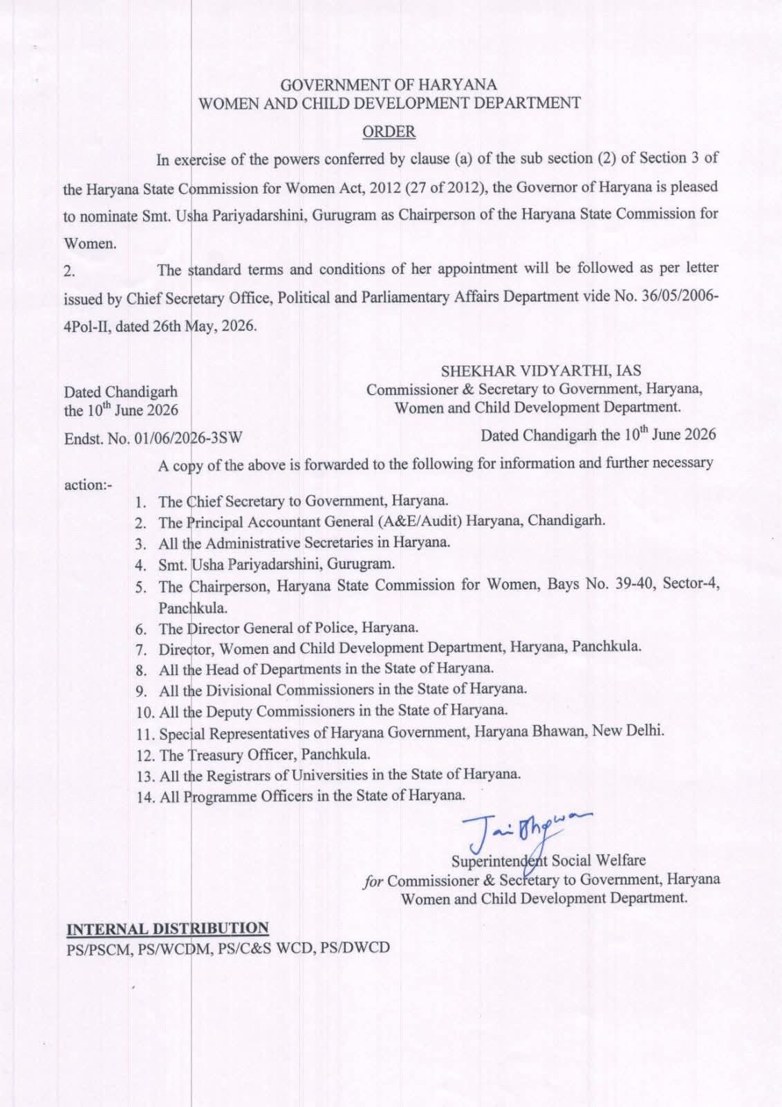 haryana women commission usha priyadarshini chairperson