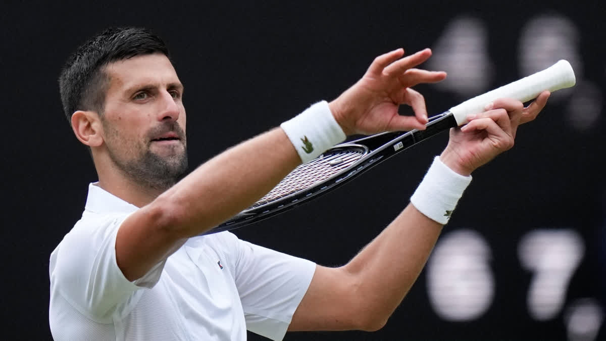 Novak Djokovic Beat Lorenzo Mussetti In Semi-final, To Meet Carlos Alcaraz in Wimbledon Men's Final Novak Djokovic of Serbia reacts after defeating Lorenzo Musetti of Italy in their semifinal match at the Wimbledon tennis championships in London, Friday, July 12, 2024.