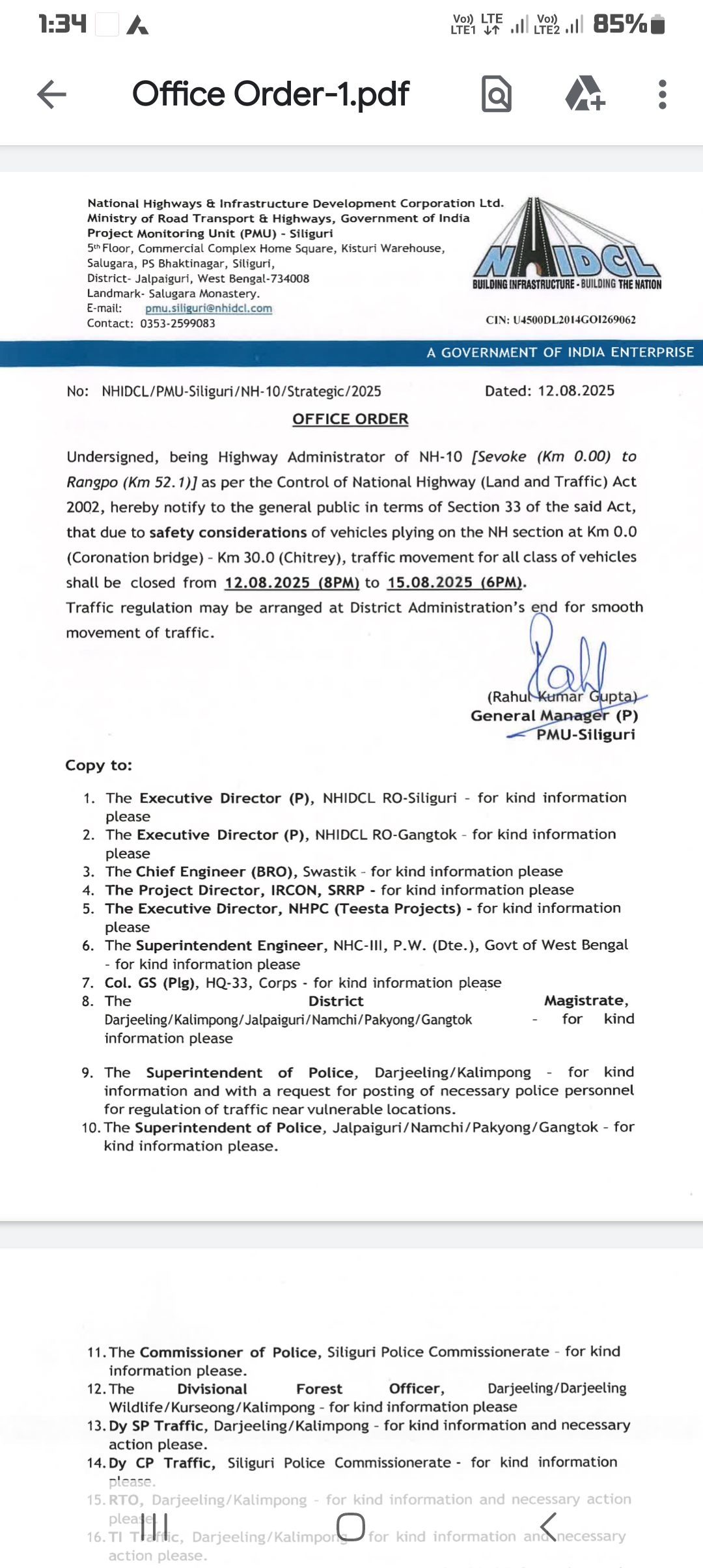 National Highway 10 Closed