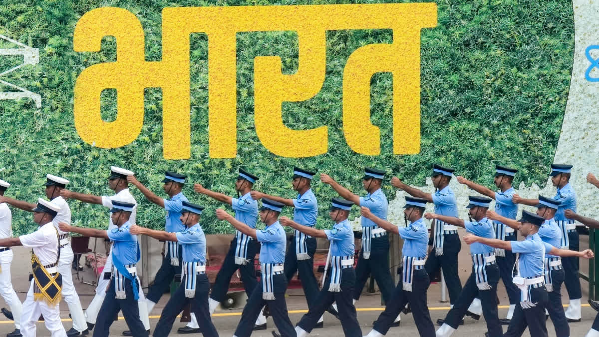Armed Forces personnel during the full dress rehearsal for the 80th Independence Day, near Red Fort in New Delhi, on Thursday.