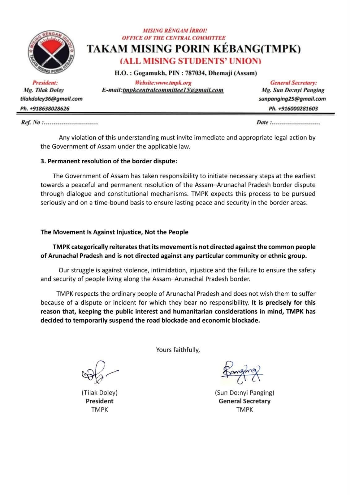 TMPK suspends economic blockade after talks with Assam ministers