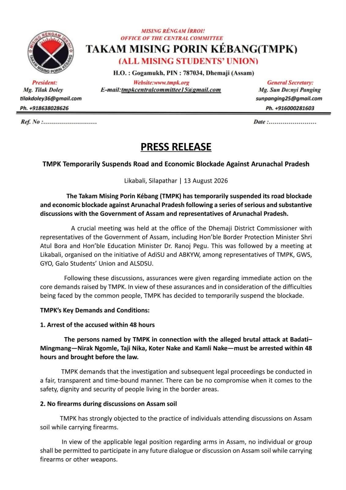 TMPK suspends economic blockade after talks with Assam ministers