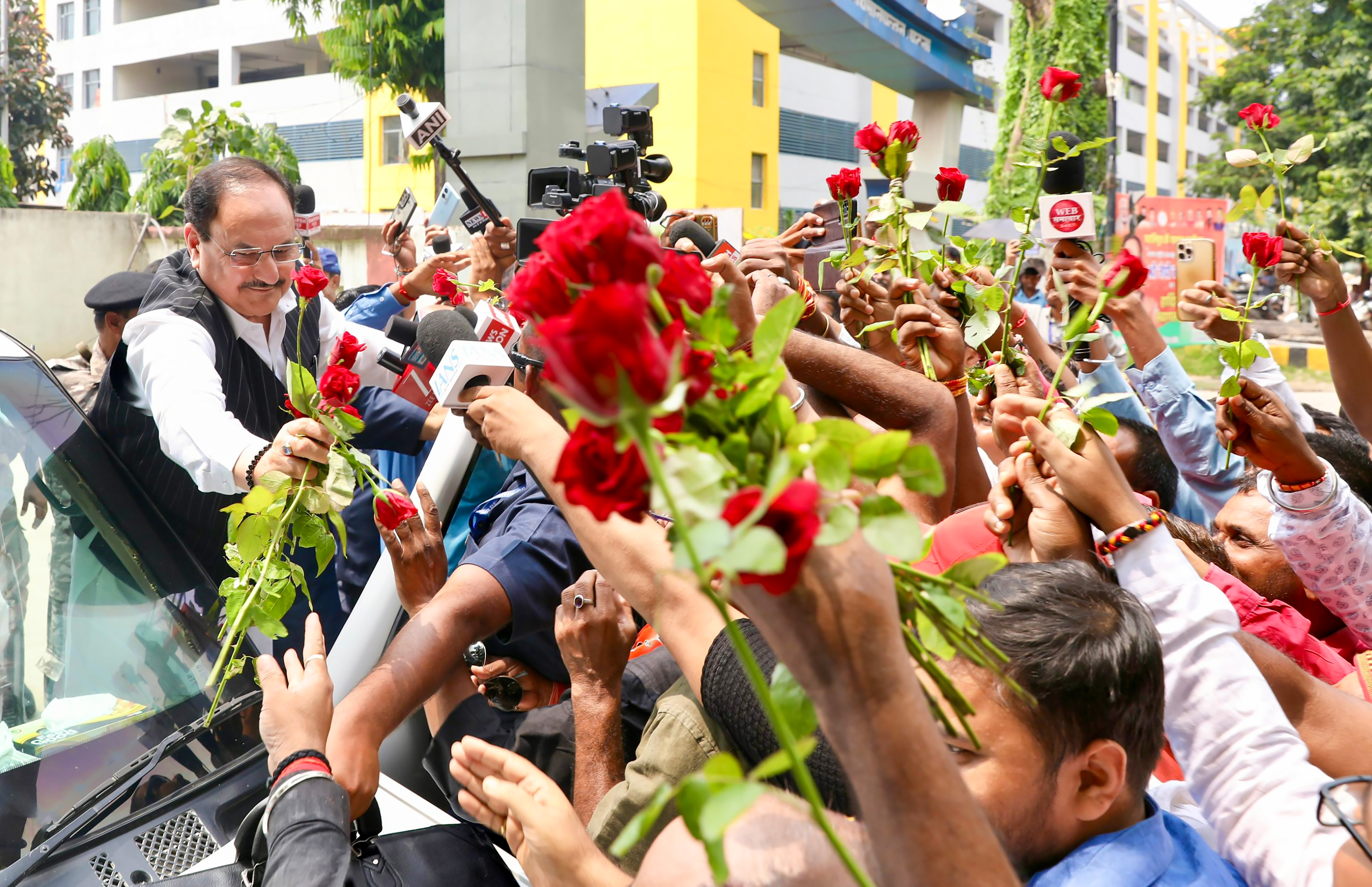 JP Nadda receives a warm welcome at Patna Airport on Saturday.