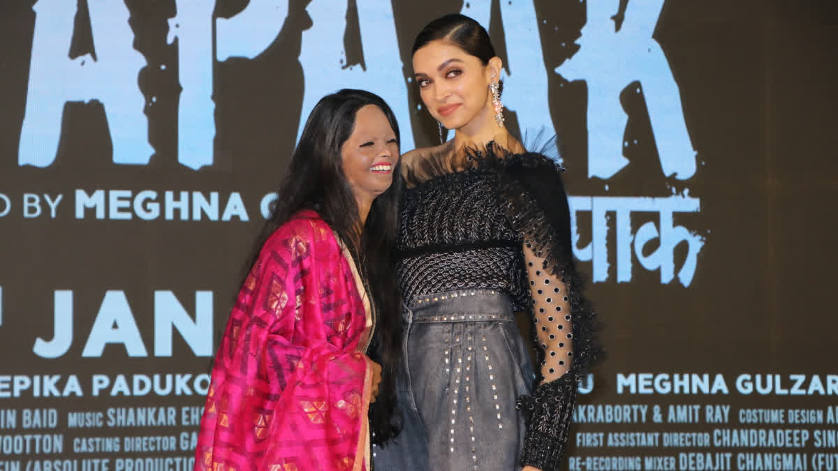 Deepika Padukone with acid attack survivor Laxmi Agarwal, whom she played in the 2020 film Chhapak