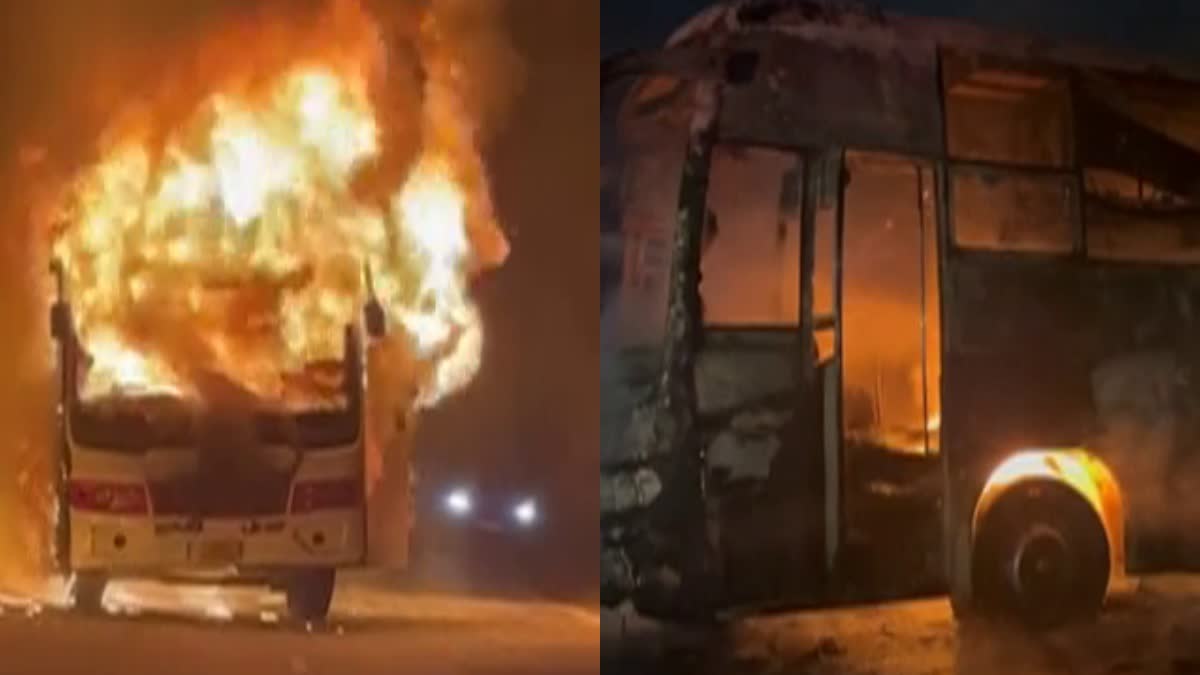 टायर फटते ही भड़की आग, चिल्लाता रहा ट्रक ड्राइवर, अंत में जलती बस के आगे ट्रक लेकर कूदा