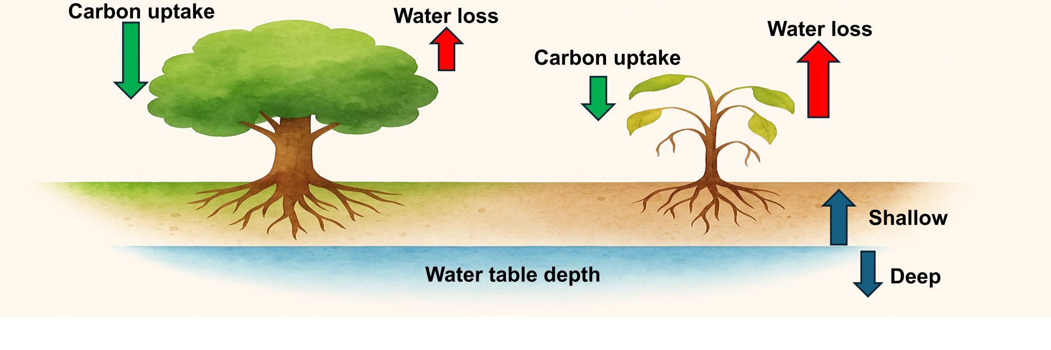 Conceptual illustration showing how groundwater availability influences plant health and carbon-water interactions across Indian ecosystems
