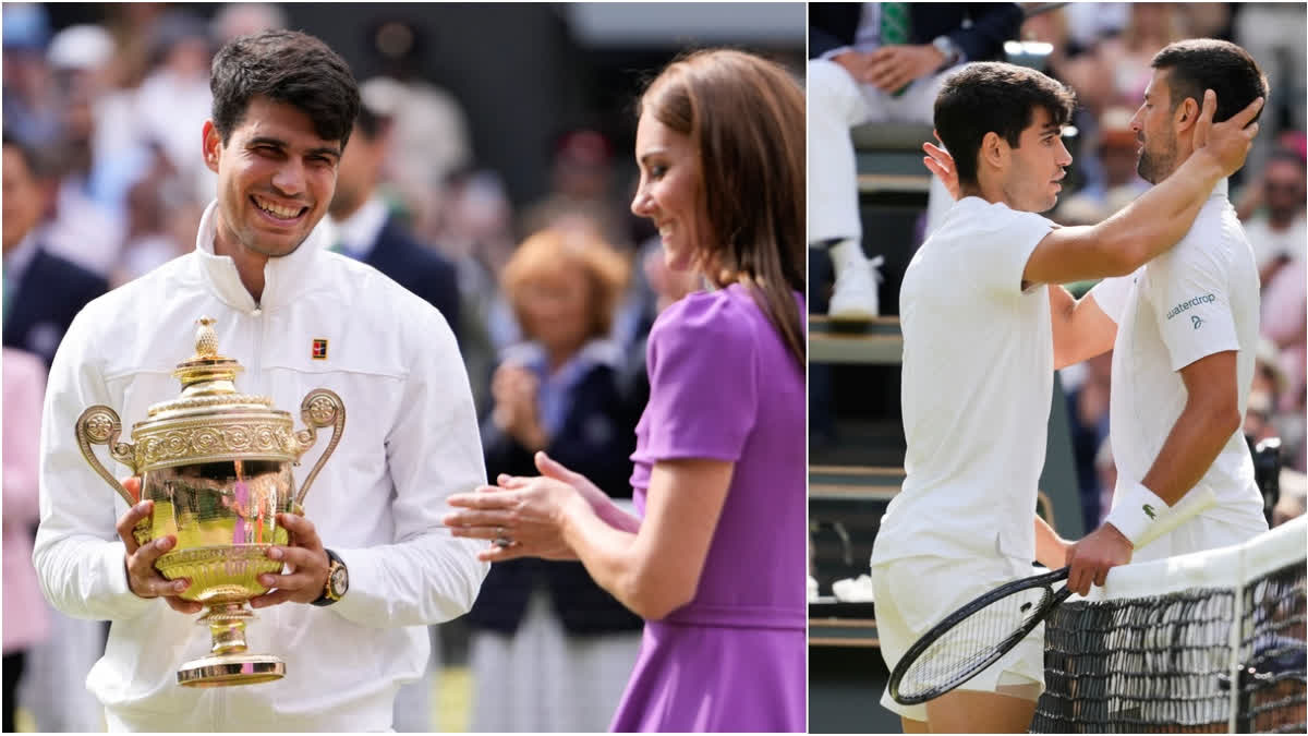 Carlos Alcaraz Beats Novak Djokovic In 2nd Consecutive Wimbledon Men's Singles Final; Wins Rs 28 Crore Prize Money (Left) Carlos Alcaraz reacts after receiving his trophy from Kate, Princess of Wales. (Right) Alcaraz is congratulated by Novak Djokovic.