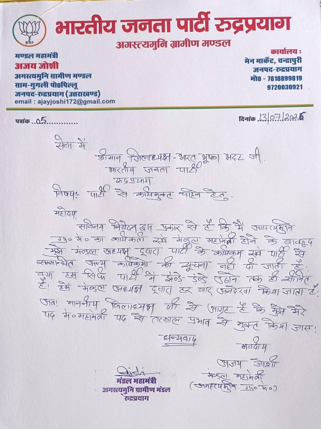BJP Worker Resign in Rudraprayag