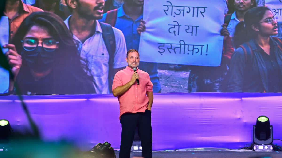 Leader of the Opposition in the Lok Sabha Rahul Gandhi addresses the gathering during the 'Chhatron Ki Goonj' programme in Prayagraj, Uttar Pradesh, on Saturday, August 8, 2026.