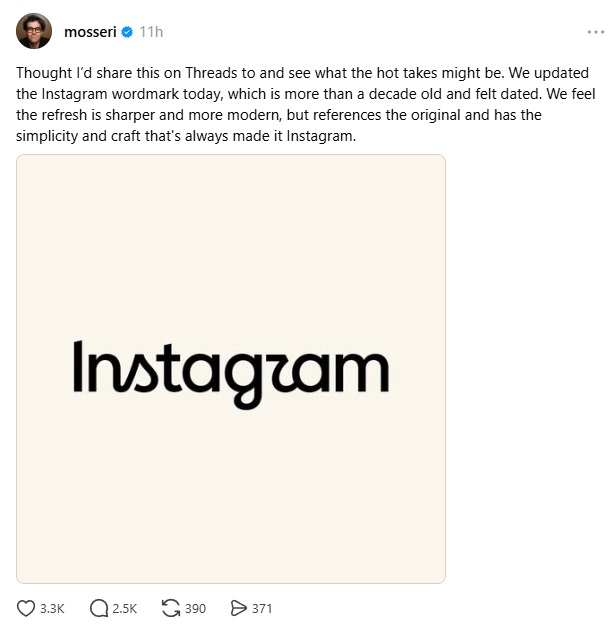 The font of Instagram's new wordmark is also in a cursive—or handwriting—style, just like the old wordmark.