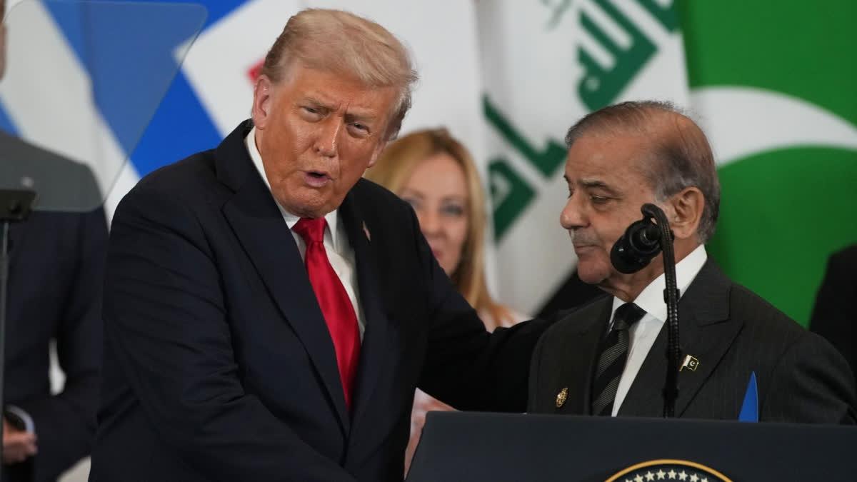 President Donald Trump shakes hands with Pakistan Prime Minister Shehbaz Sharif during the Gaza International Peace Summit in Sharm el-Sheikh, Egypt, Monday, Oct. 13, 2025.