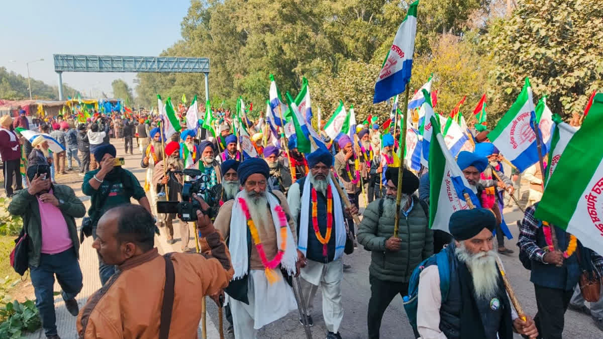 Farmers during their foot march towards Delhi, at Shambhu border, in Patiala district, Punjab, on Friday, December 6, 2024.
