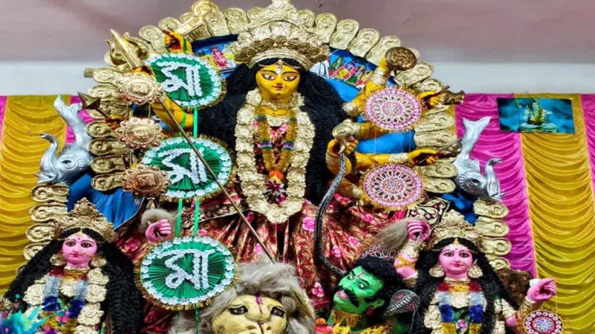 Goddess Durga is flanked here by her two companions Jaya and Vijaya.