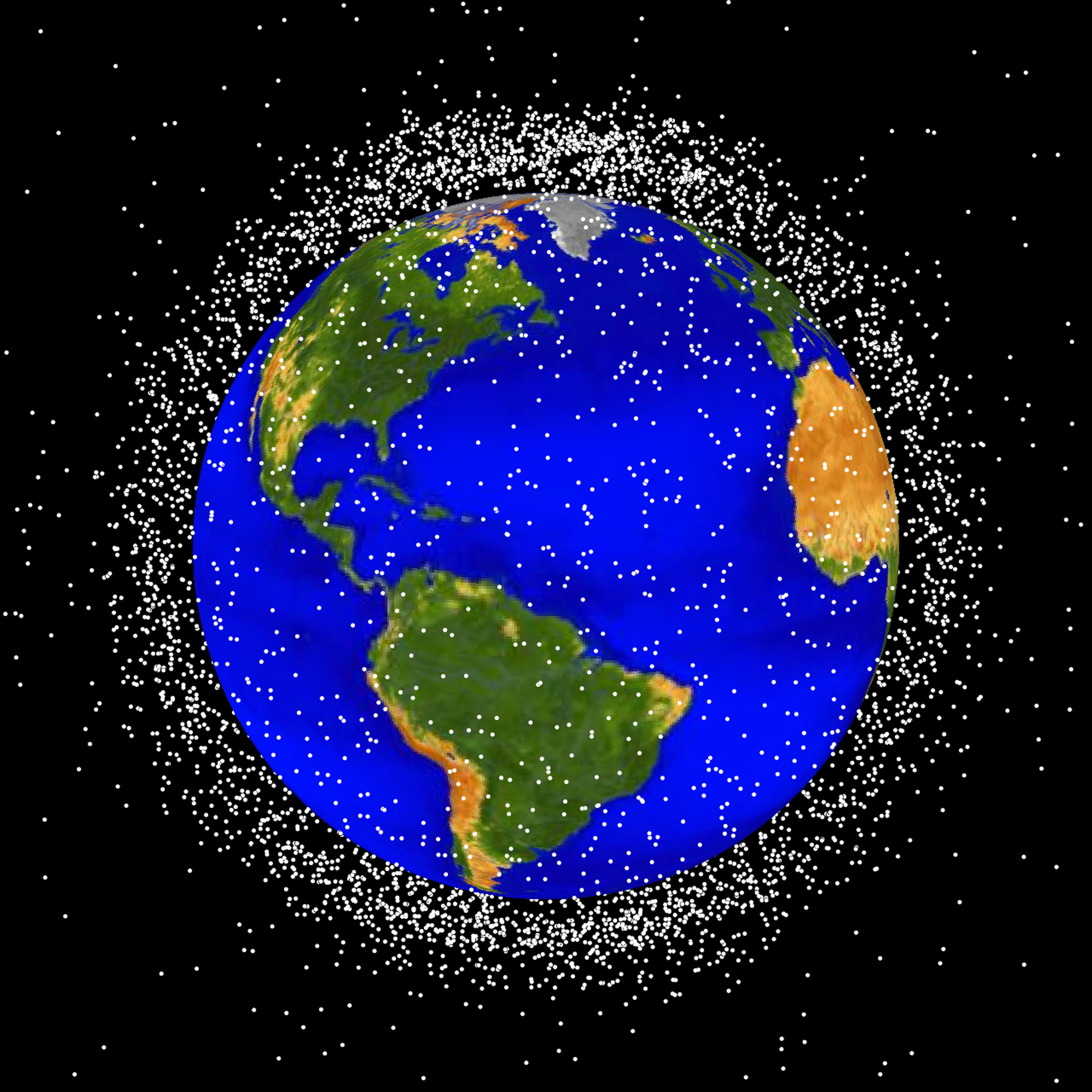 This computer-generated orbital debris graphic displays tracked debris objects in 2010.