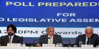 Chief Election Commissioner Gyanesh Kumar and Election Commissioners Sukhbir Singh Sandhu and Vivek Joshi during a press conference
