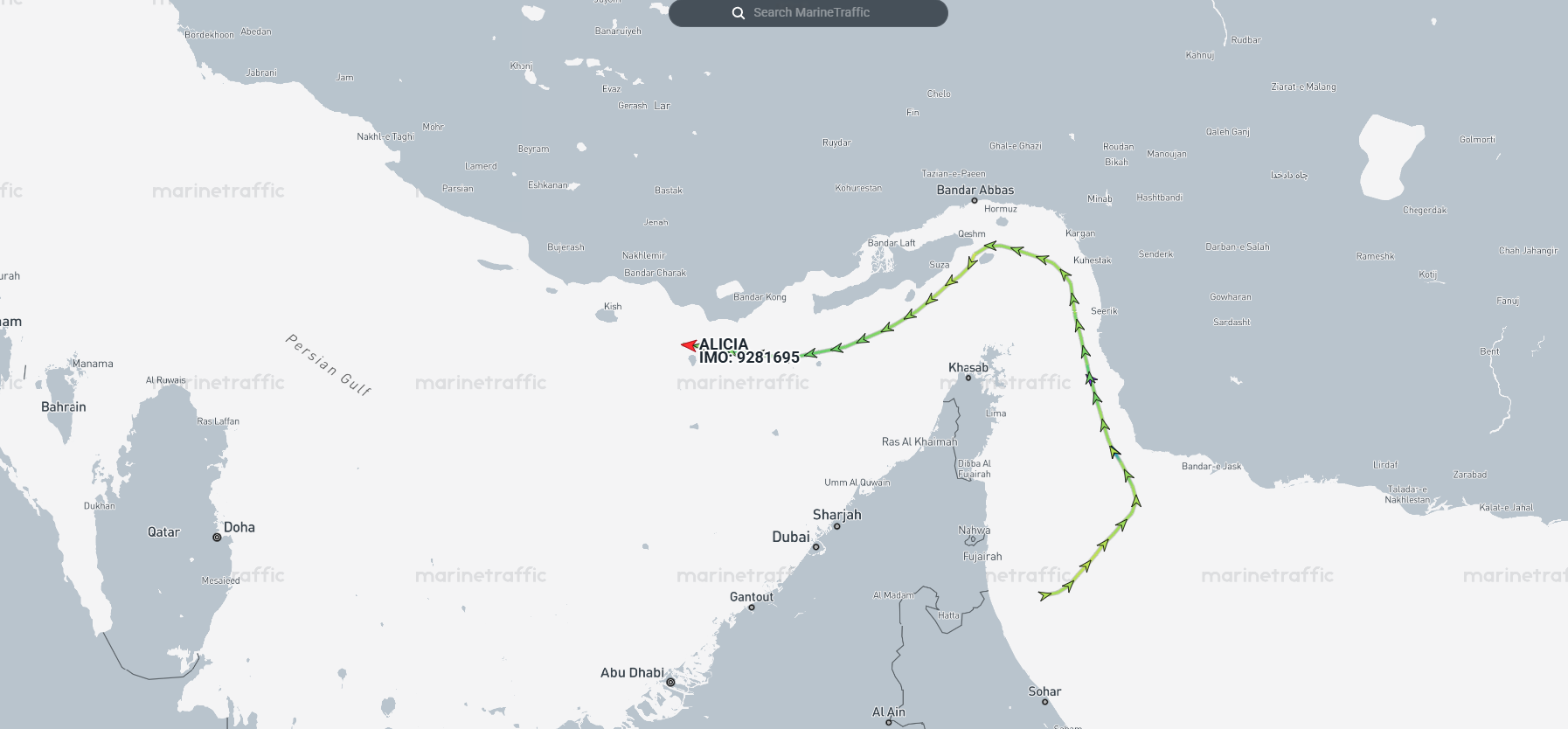 Path of the tanker Alicia.