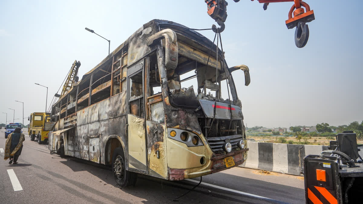 Five Killed As Moving Bus Catches Fire In Lucknow Bus catches fire in lucknow