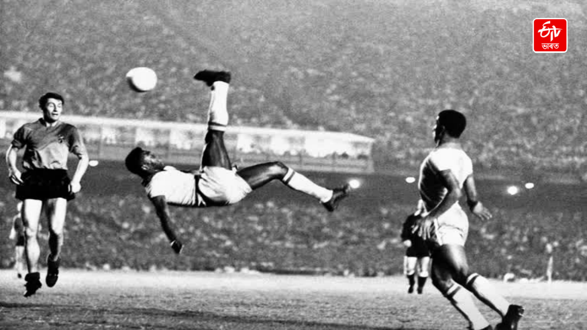 Brazil's soccer star Pele bicycle kicks a ball during a game at unknown location, Sept. 1968