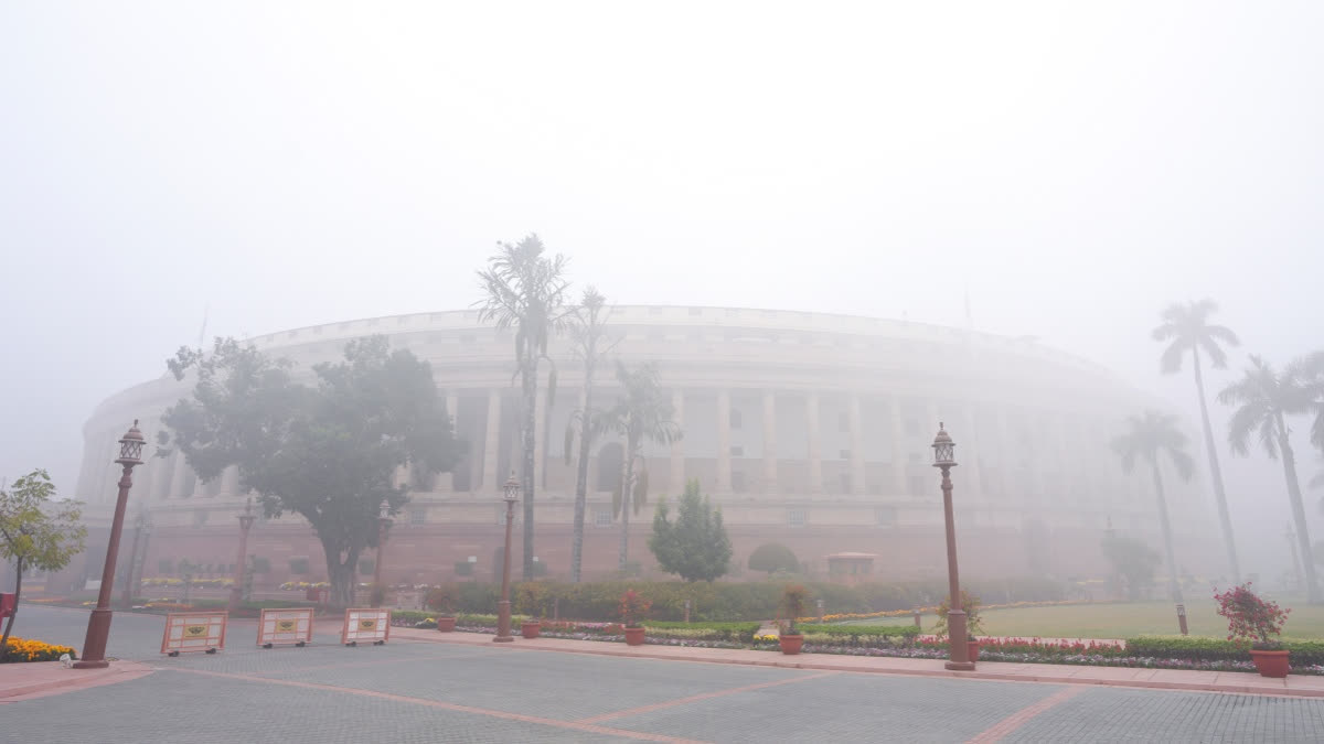 A view of the Parliament House complex on a foggy winter morning, in New Delhi