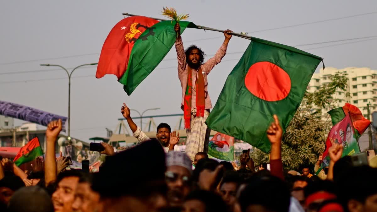 Supporters of Bangladesh Nationalist Party (BNP) cheer during an election rally on Feb. 8, 2026