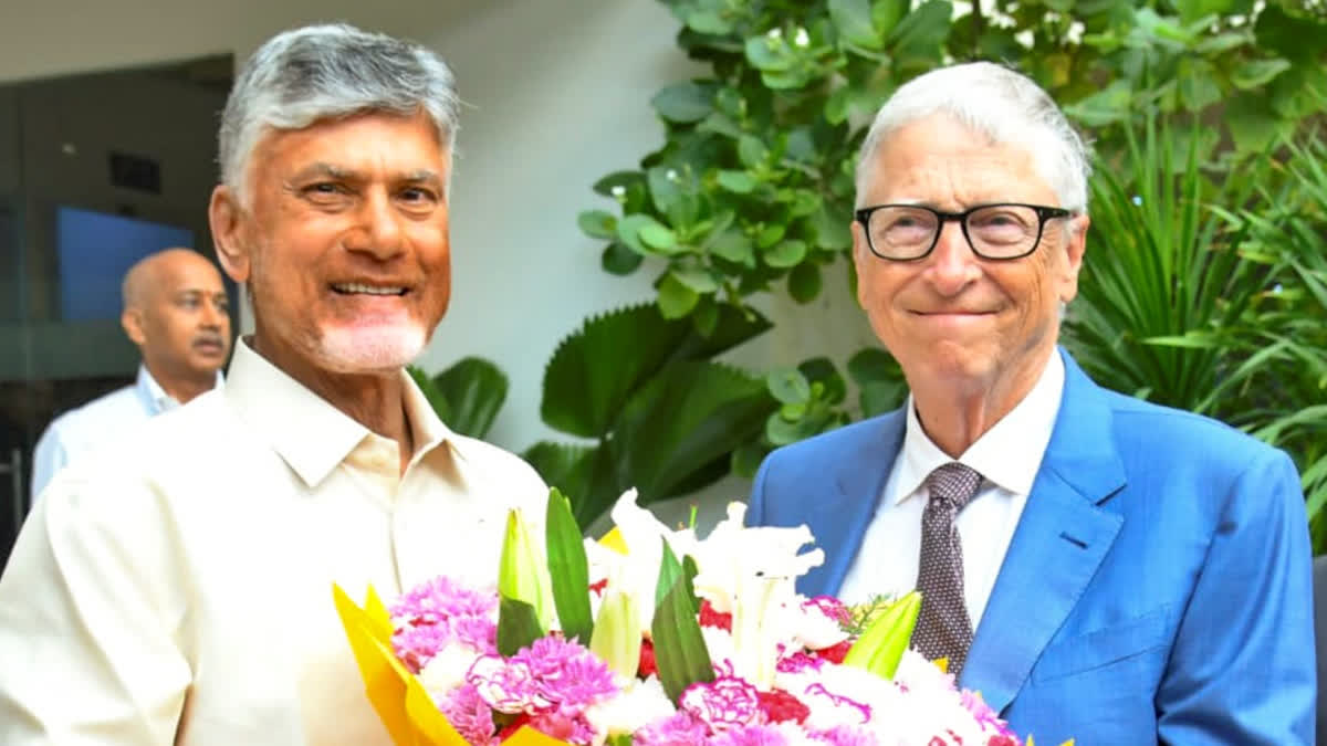 Andhra Pradesh CM N Chandrababu Naidu greets Bill Gates at the state secretariat on Monday.