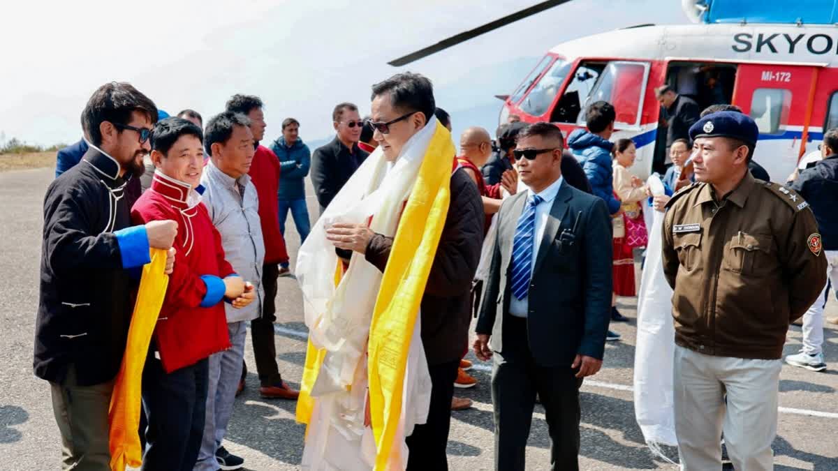 Union Minister for Minority affairs and Parliamentary affairs, Kiren Rijiju receives warm welcome, in Tawang on Saturday