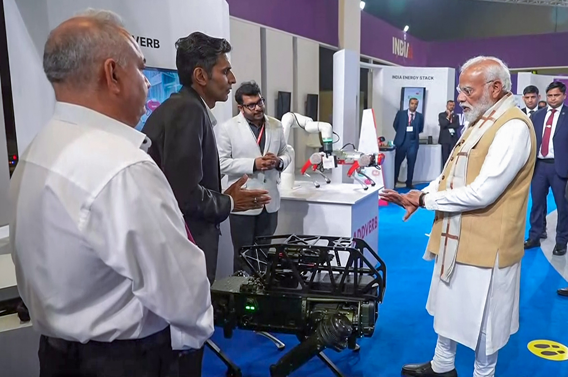 Prime Minister Narendra Modi during the inaugural event of AI Impact Expo 2026, at Bharat Mandapam in New Delhi on Monday. The theme of the Summit is Sarvajana Hitaya, Sarvajana Sukhaya.