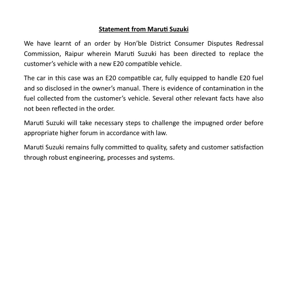 E20 Fuel Compliance Case: Maruti To Contest Raipur Consumer Court Order For Car Replacement