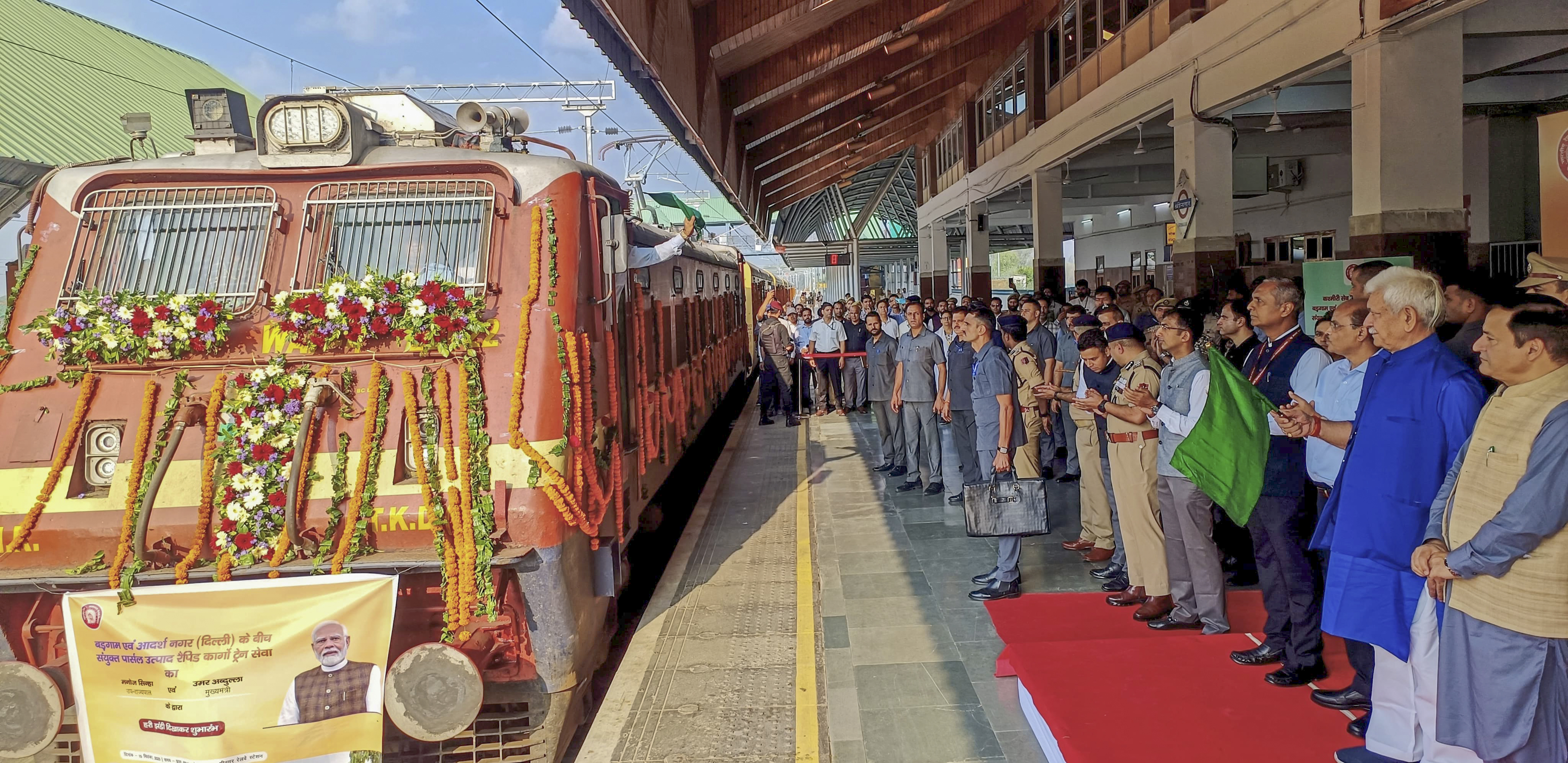 J-K LG, Manoj Sinha flags off parcel train to transport Kashmir apple, in Srinagar