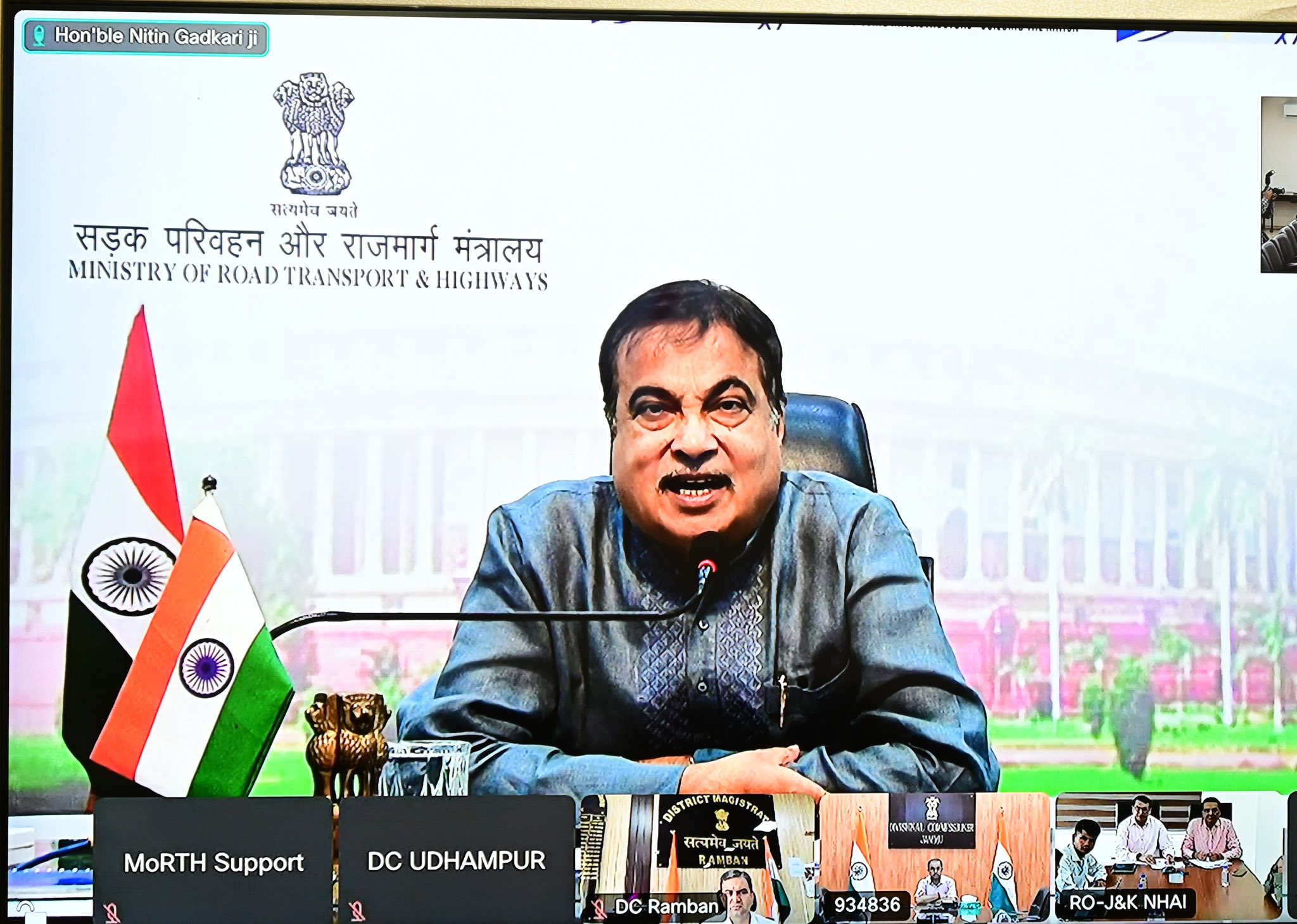 Union Minister for Roads and Highways Nitin Gadkari chairs a meeting to review the restoration of Jammu-Srinagar Highway