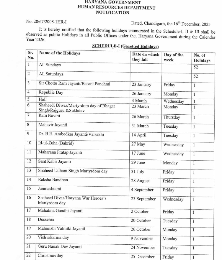 Haryana government holiday calendar for the year 2026 Released CM Nayab Singh saini