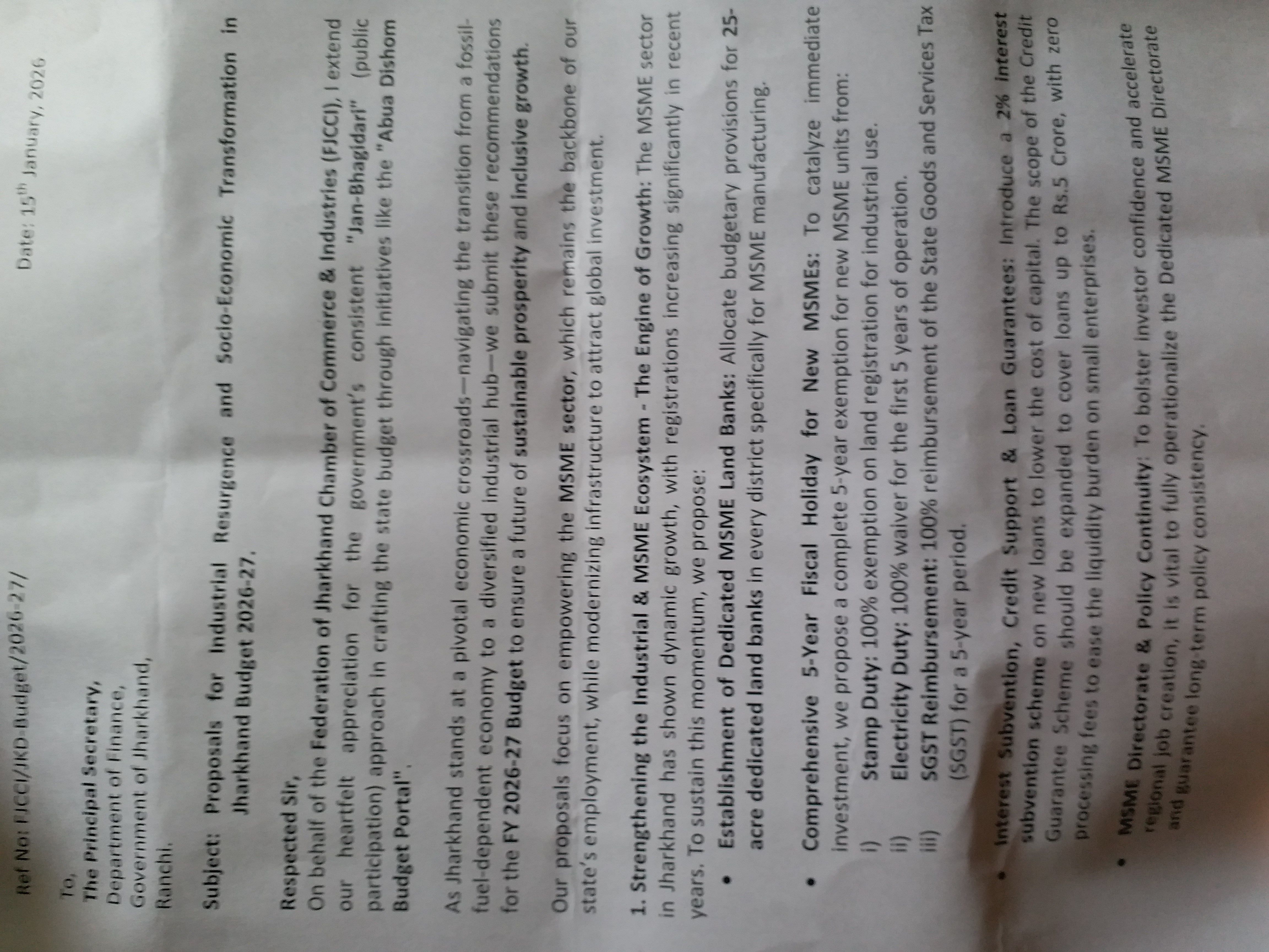 Jharkhand Chamber of Commerce given several suggestions to government regarding state budget