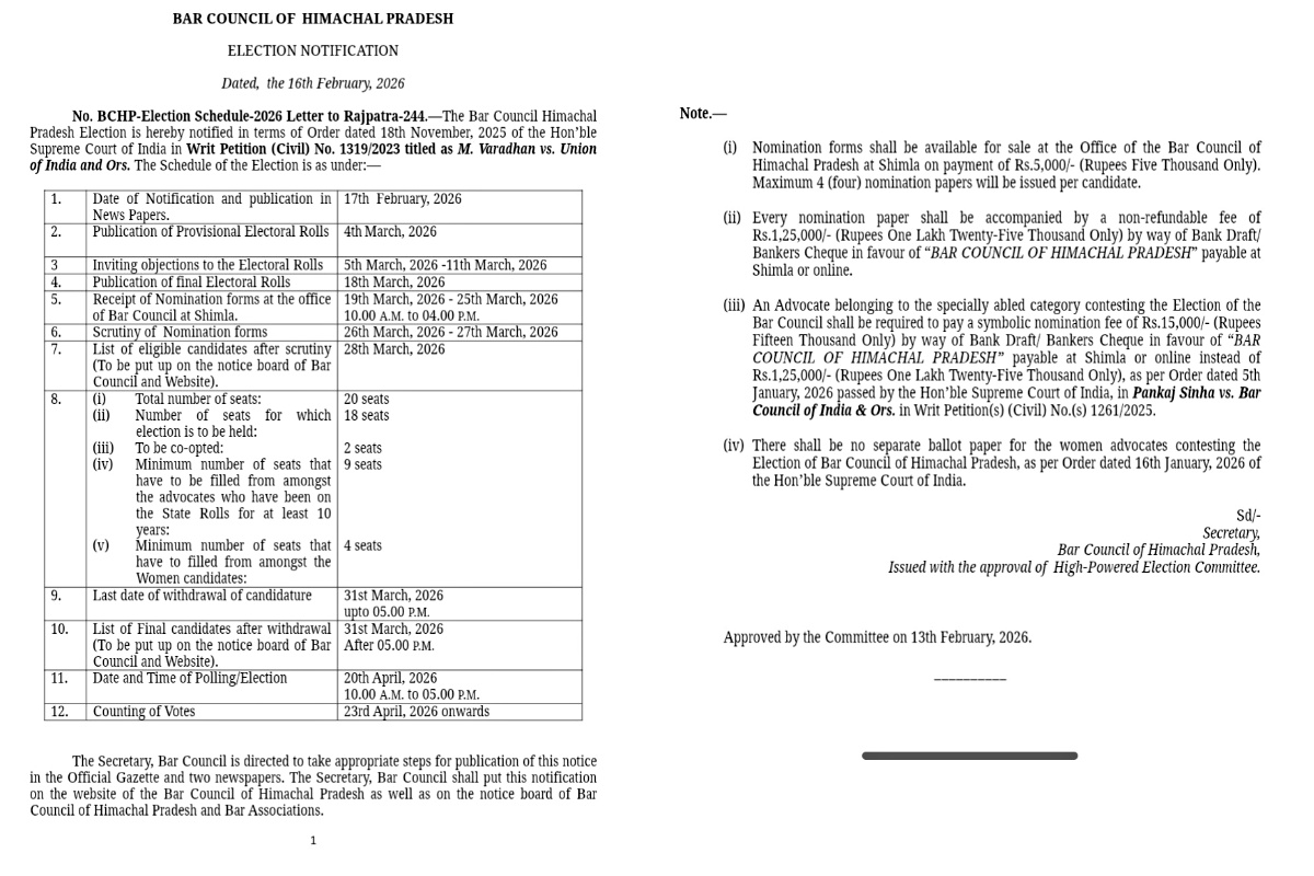 HIMACHAL BAR COUNCIL ELECTION 2026