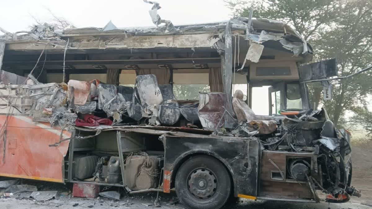The wrecked bus after it collided head-on with a truck in Hanumangarh, Rajasthan