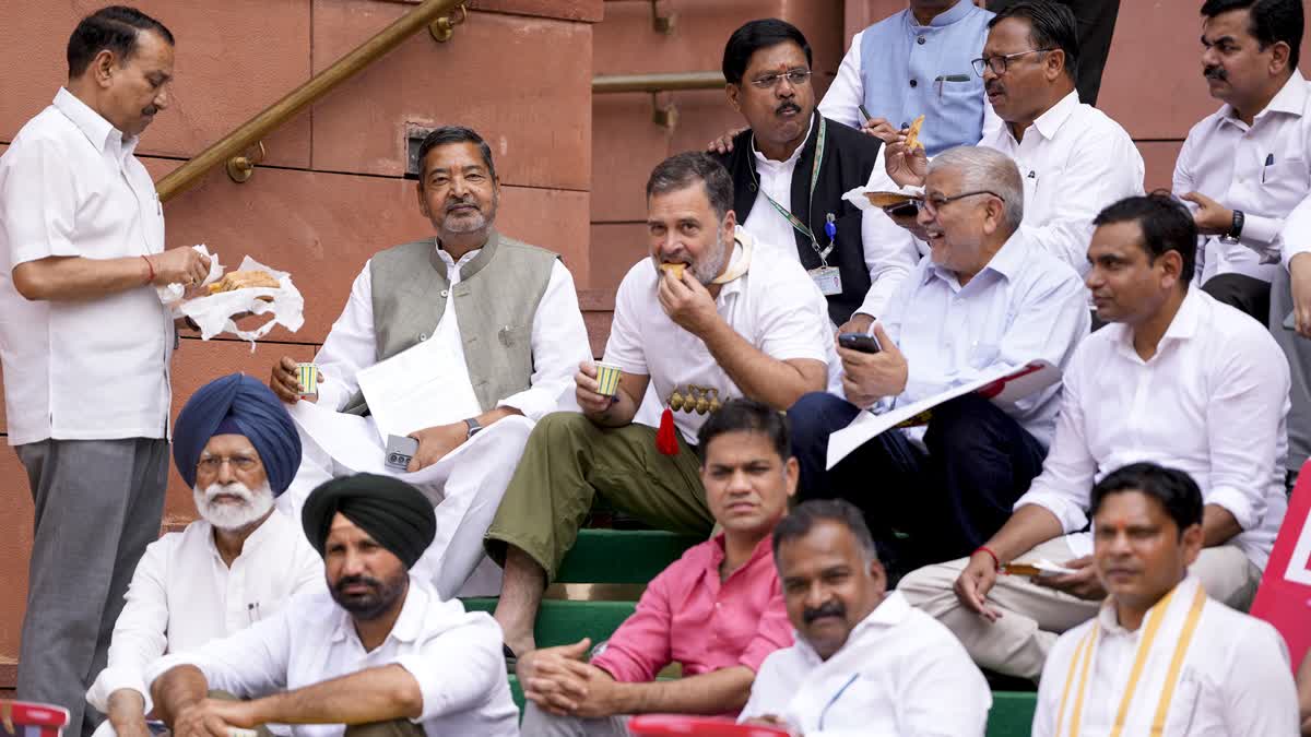 LoP in Lok Sabha Rahul Gandhi, opposition MPs Hibi Eden, Prashant Padole, Manickam Tagore and others stage a protest over 'LPG shortage' during the second part of Budget session of Parliament, in New Delhi, Thursday, March 12, 2026.