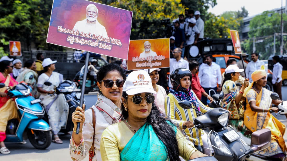 Women's Reservation Act 2023 'Comes Into Force' On April 16, 2026; Congress Terms It 'Absolutely Bizarre' BJP Mahila Morcha supporters take part in a bike rally supporting the 'Nari Shakti Vandan Adhiniyam' organized by Bharatiya Janata Yuva Morcha (BJYM), in Hyderabad, Telangana, Wednesday, April 15, 2026.