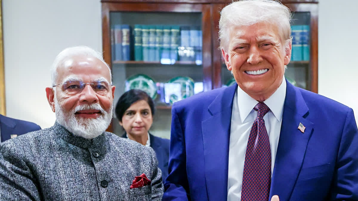 Prime Minister Narendra Modi and U.S. President Donald Trump shake hands, at The White House in Washington, DC. on Feb 14, 2025