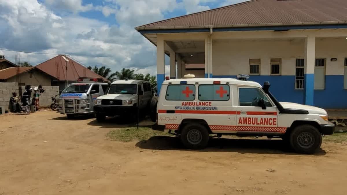 Ambulances are parked outside a hospital in Bunia, Congo, Saturday, May 16, 2026