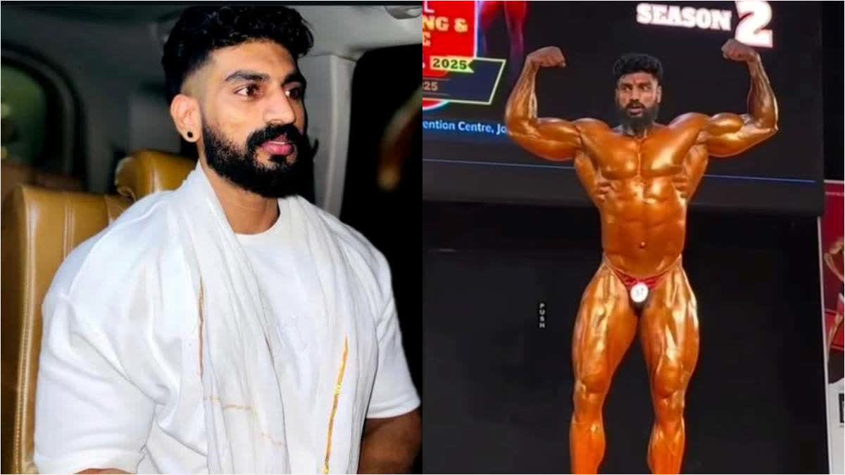 Renowned bodybuilder Sushil Kumar flexes muscles at a bodybuilding competition