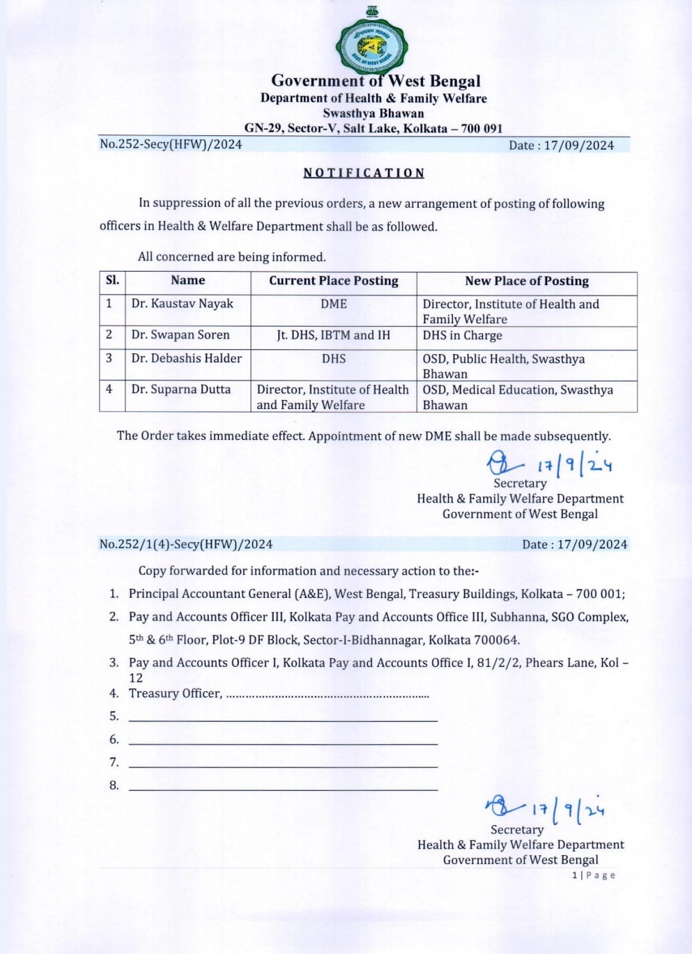 DME and DHS Changed by Bengal Government