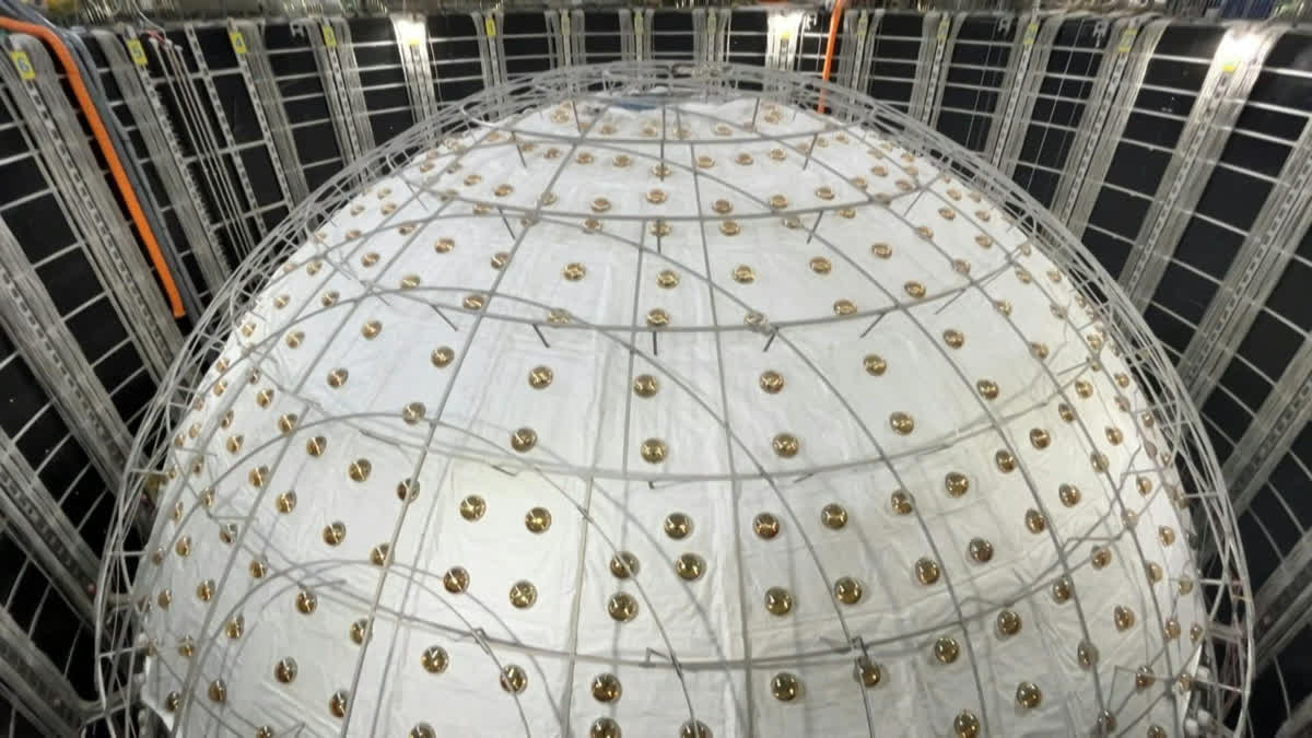 China's Underground Lab Seeks Answer To Deep Scientific Riddle This photo taken during a media tour on October 11, 2024 shows the neutrino detector, a stainless steel and acrylic sphere around 35 metres in diameter, at the Jiangmen Underground Neutrino Observatory (Juno) in Kaiping, in southern China's Guangdong province.