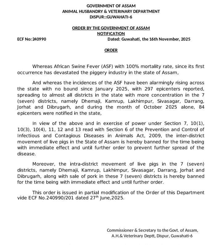 Assam government has banned the movement of live pigs in seven districts