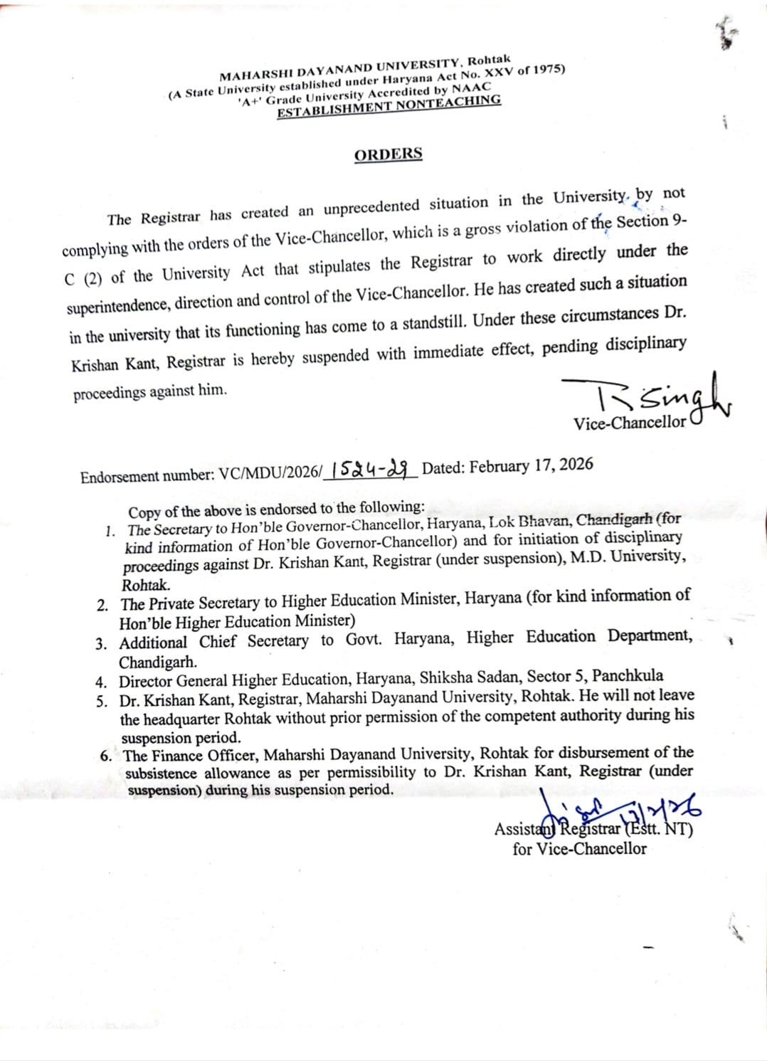 Rohtak MDU VC Rajbir Singh orders suspension of Registrar Krishan Kant