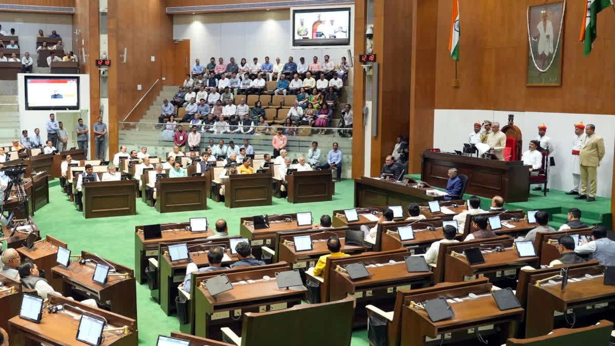 Gujarat Governor Acharya Devvrat addresses the Gujarat Legislative Assembly during the budget session's commencement in Gandhinagar on Wednesday, February 19, 2025.