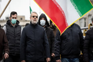 Ali Larijani seen at a rally in Tehran on Quds day on March 13