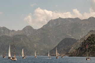 Boats belonging to the Global Sumud Flotilla, carrying activists and humanitarian aid, depart for Gaza from the port of Marmaris, Turkey, Thursday, May 14, 2026, in an attempt to break the Israeli naval blockade.