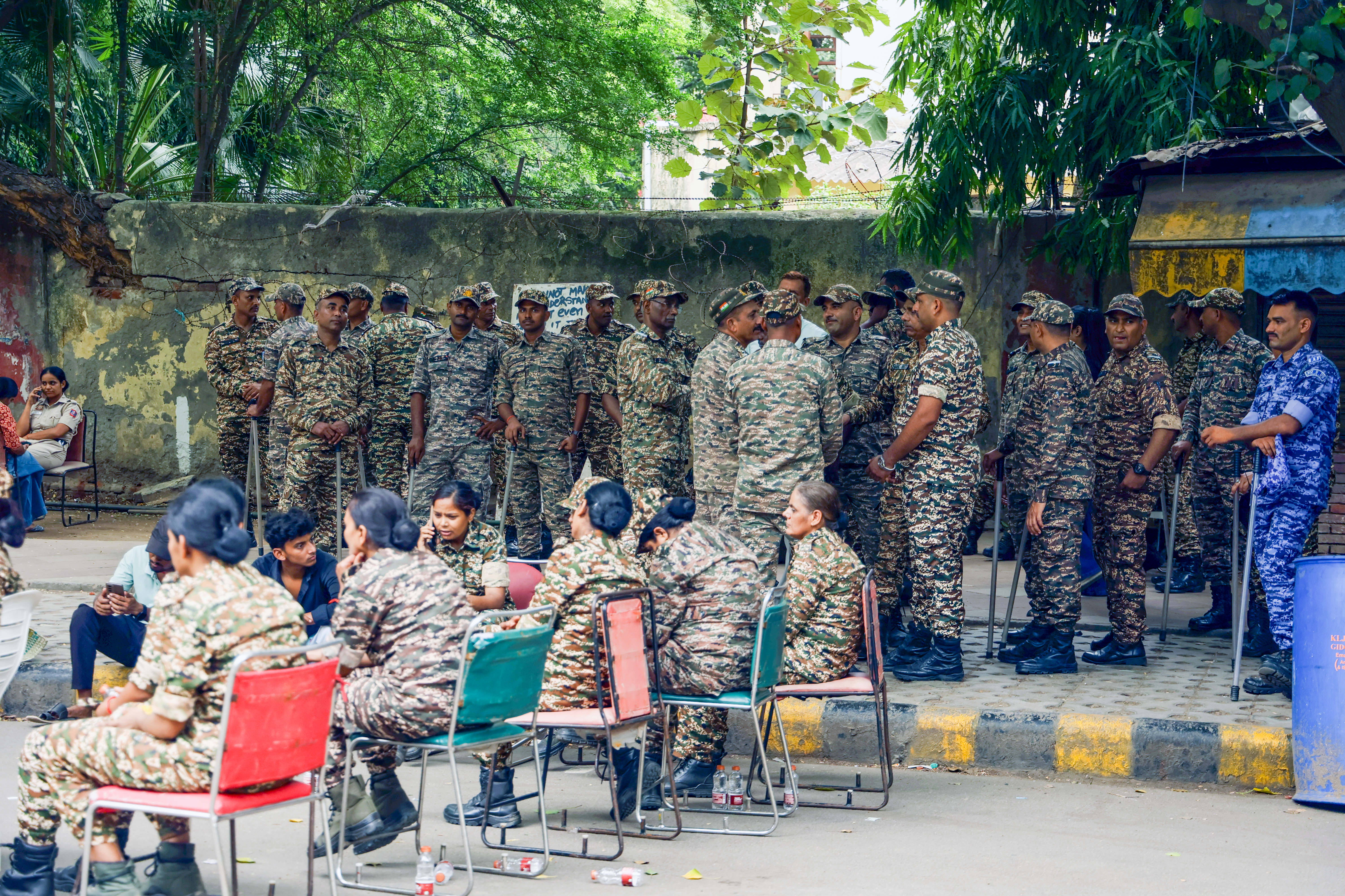 Security personnel deployed at Jantar Mantar during a protest by the Cockroach Janta Party (CJP) in New Delhi on Saturday.