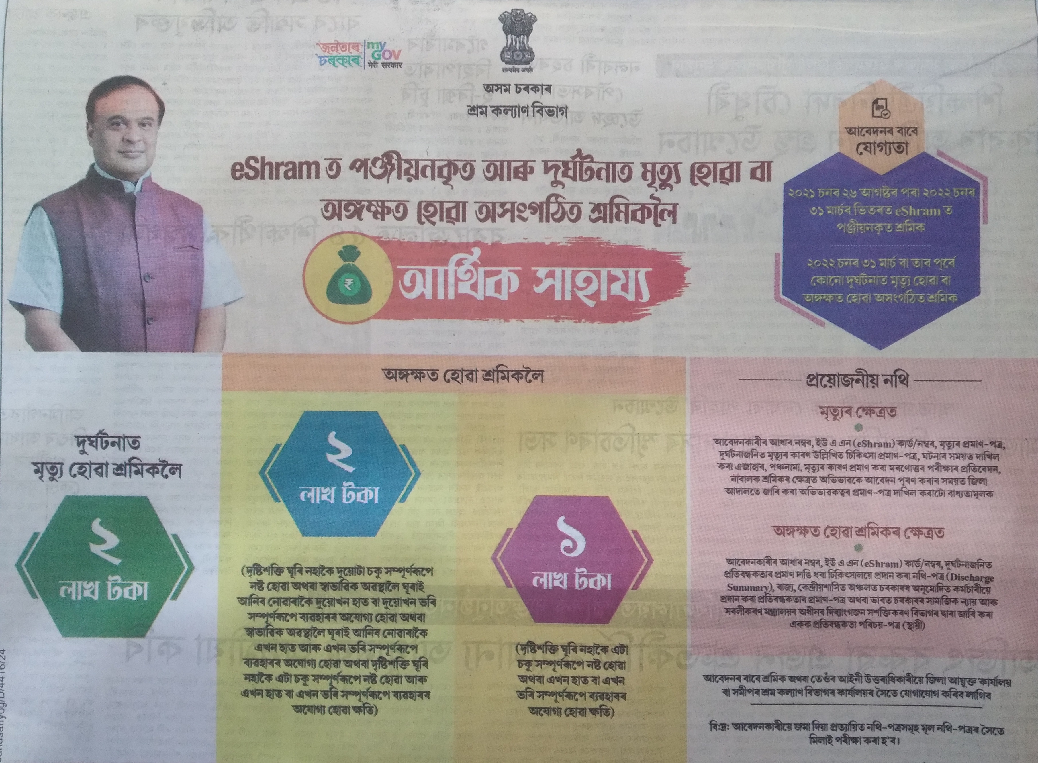 Assam govt special financial assistance for labours died and injured in accident