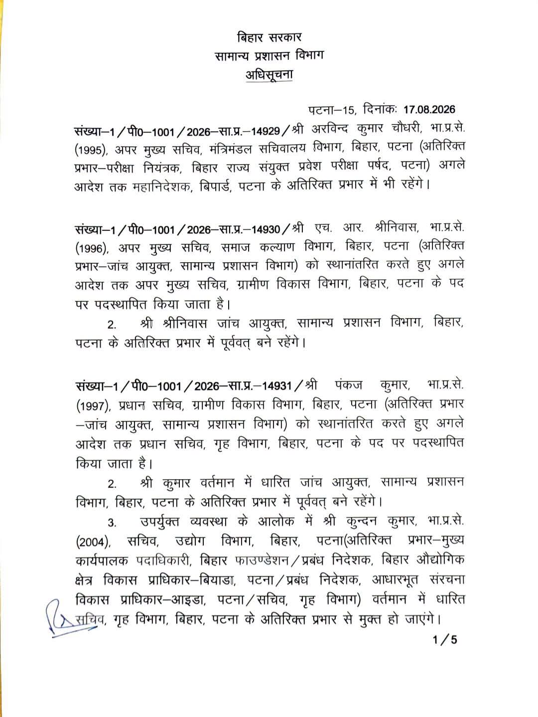 Bihar IAS Transfer List